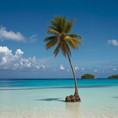 A lone fisherman stands on the sandy shores of a secluded tropical island, his weathered fishing rod cast into the crystal-clear waters. Behind him, a towering coconut tree sways gently