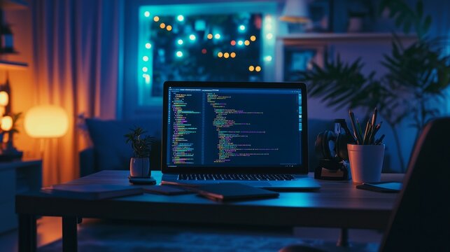 man working from home at night, home office concept
