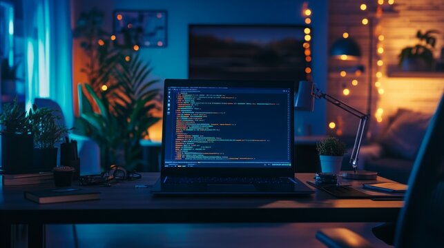 man working from home at night, home office concept
