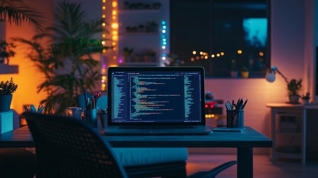 man working from home at night, home office concept
