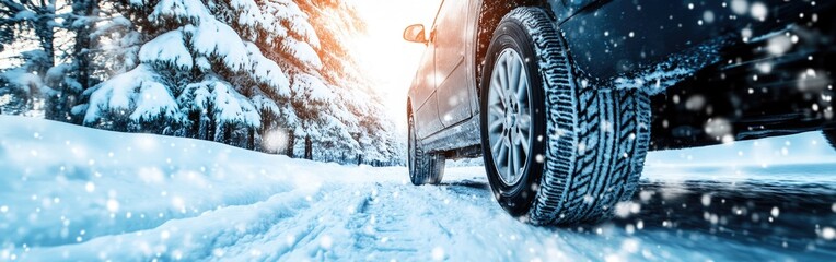 A vehicle navigates a snowy road, showcasing the impressive tread of winter tires