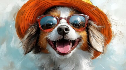 whimsical illustration of joyful dog wearing sunglasses and beach hat cartoon style with bold colors and playful expression summer vacation vibes on white background