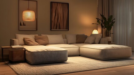 Fototapeta premium Cozy and inviting modern living room with a large comfortable sectional sofa minimalist stylish decor in earthy tones soft lighting and a relaxing Scandinavian aesthetic