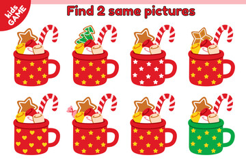 Educational kids game. Find 2 same picture with Christmas cocoa mug. Cartoon hot chocolate cup with marshmallow, gingerbread and candy cane. Puzzle for education children. New Year vector illustration