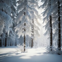 A serene, snow-covered forest with tall trees blanketed in fresh white snow. Delicate icicles hang from the branches, glistening in the soft, cold light.