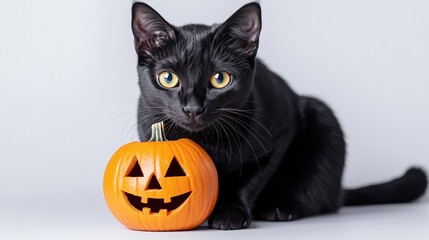 Black cat with Halloween pumpkin on a white background