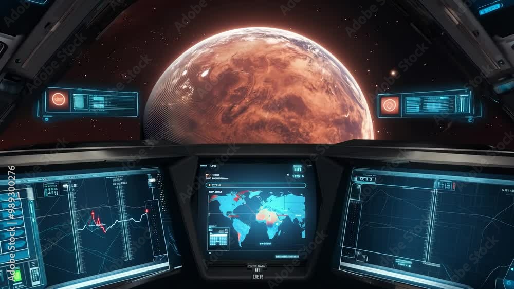 Aufkleber a spaceship cockpit with a planet in the background. the planet is orange and has a lot of smoke com
