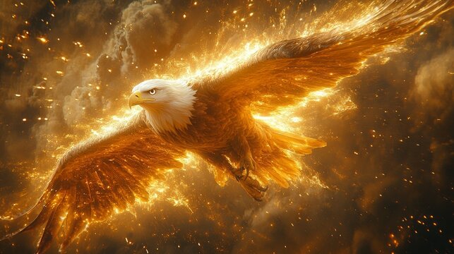 a majestic white eagle illuminated by a glowing golden rim light, flying forward with wings wide open. 