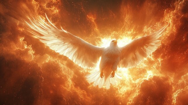 a majestic white eagle illuminated by a glowing golden rim light, flying forward with wings wide open. 