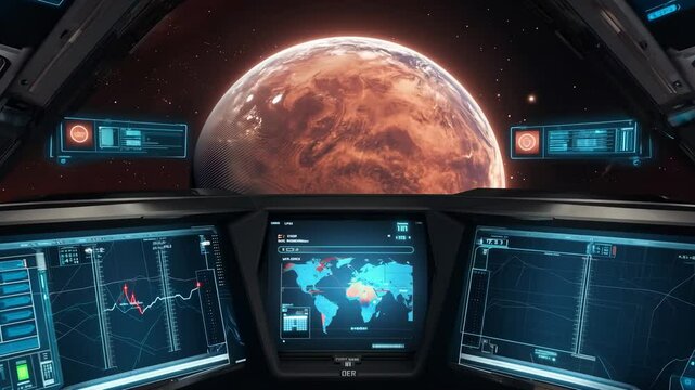 A spaceship cockpit with a planet in the background. The planet is orange and has a lot of smoke coming out of it. The cockpit has a lot of screens and buttons