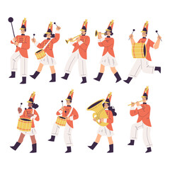 Orchestra with Marching People Character in Red Uniform with Musical Instrument Vector Set