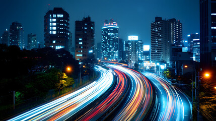 Fototapeta premium A panoramic view of a nighttime cityscape with drifting cars in the foreground leaving light trails.