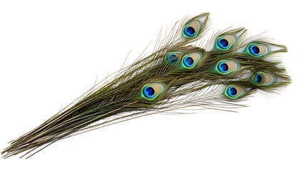 Obraz premium Peacock Feather on White Background, Abstract Image, Texture, Pattern Background, Wallpaper, Cover and Screen of Smartphone, PC, Laptop, 9:16 and 16:9 Format