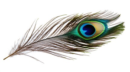 Obraz premium Peacock Feather on White Background, Abstract Image, Texture, Pattern Background, Wallpaper, Cover and Screen of Smartphone, PC, Laptop, 9:16 and 16:9 Format