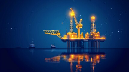 Obraz premium Illuminated Offshore Oil Rig in the Dark Blue Ocean at Night