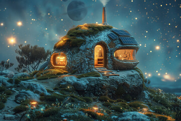 A fantasy home made of tone on a rocky planetary outcrop with plants and solar panels. Science fiction illustration of a house on an alien pplanet.