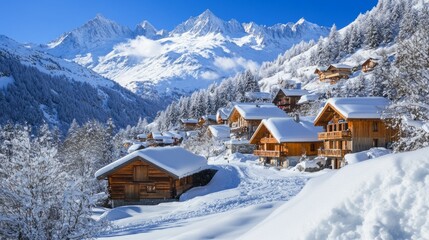 A small village nestled in the snowy Alps. 