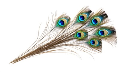 Obraz premium Peacock Feather on White Background, Abstract Image, Texture, Pattern Background, Wallpaper, Cover and Screen of Smartphone, PC, Laptop, 9:16 and 16:9 Format