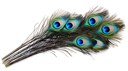 Obraz premium Peacock Feather on White Background, Abstract Image, Texture, Pattern Background, Wallpaper, Cover and Screen of Smartphone, PC, Laptop, 9:16 and 16:9 Format