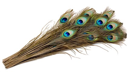 Obraz premium Peacock Feather on White Background, Abstract Image, Texture, Pattern Background, Wallpaper, Cover and Screen of Smartphone, PC, Laptop, 9:16 and 16:9 Format
