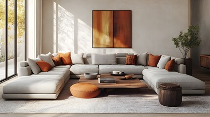 Cozy and inviting modern living room with a deep plush U shaped sectional sofa and a mix of sleek and organic furnishings  The warm textiles and natural materials create a cozy earthy ambiance