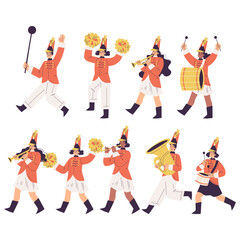 Orchestra with Marching People Character in Red Uniform with Musical Instrument Vector Set