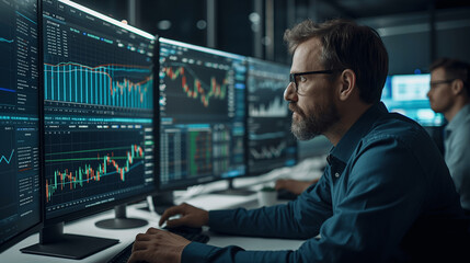 Focused trader analyzing stock market trends on multiple screens in a dimly lit office