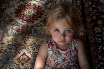 A blonde little girl looking up with a concerned expression. A toddler on a carpet or blanket with big, thoughtful eyes.