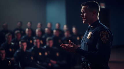 A police chief giving a motivational speech to a group of new recruits.