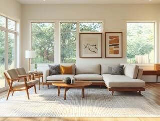 Bright and cozy Scandinavian style modern living space with ample natural lighting featuring a substantial sectional sofa mid century wood furnishings and a minimalist aesthetic