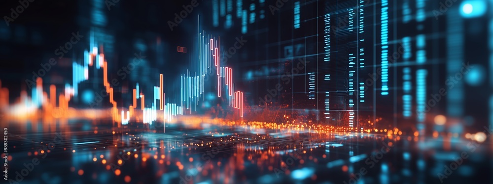 Poster dynamic digital data visualization depicting fluctuating stock market trends and analytics in a futu
