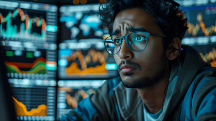Focused young man analyzing stock market data on multiple screens