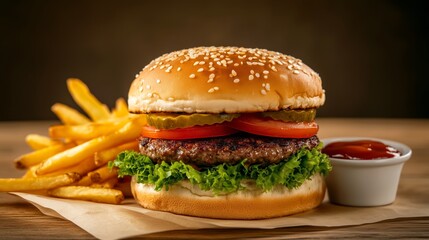 A mouth-watering burger on a toasted bun, surrounded by golden fries and a side of dipping sauce, with a simple wooden background, highlighting the natural colors of the ingredients.