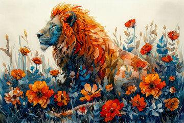 Lion among flowers watercolor painting