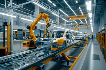 The car factory with robotic arms that work on assembling the cars