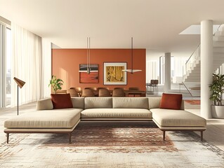 Stylish and sophisticated contemporary living room boasting a plush L shaped sectional sofa and elegant textiles featuring mid century modern design visual fidelity