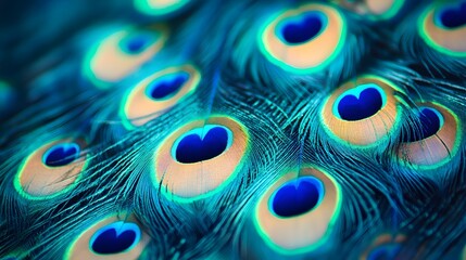 Obraz premium Peacock Feather Close-up, Abstract Image, Texture, Pattern Background, Wallpaper, Cover and Screen of Smartphone, PC, Laptop, 9:16 and 16:9 Format