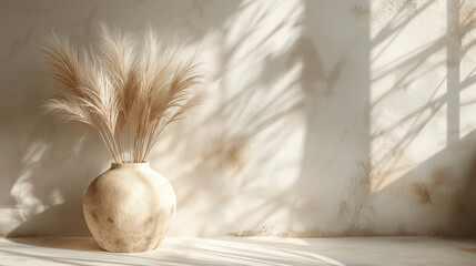 Dried pampas grass in rustic vase with soft sunlight on textured wall
