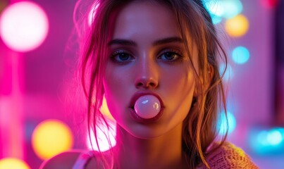 close-up of mouth with bubble gum, pink bedroom in the blurred background