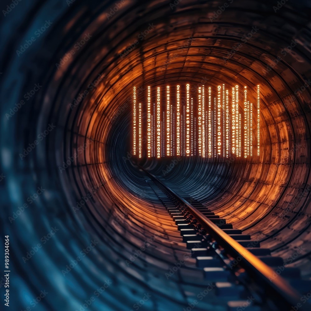 Poster illuminated tunnel with glowing lines and tracks