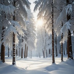A serene, snow-covered forest with tall trees blanketed in fresh white snow. Delicate icicles hang from the branches, glistening in the soft, cold light.