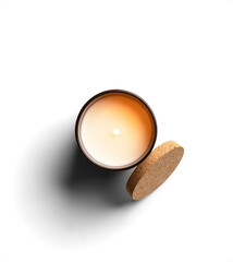 Minimalist Top View of a Lit Soy Candle with Cork Lid
