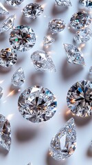 An array of loose diamonds scattered on a white background