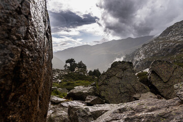 Vall d'incles, valley in the mountains after the rain, stormy clouds