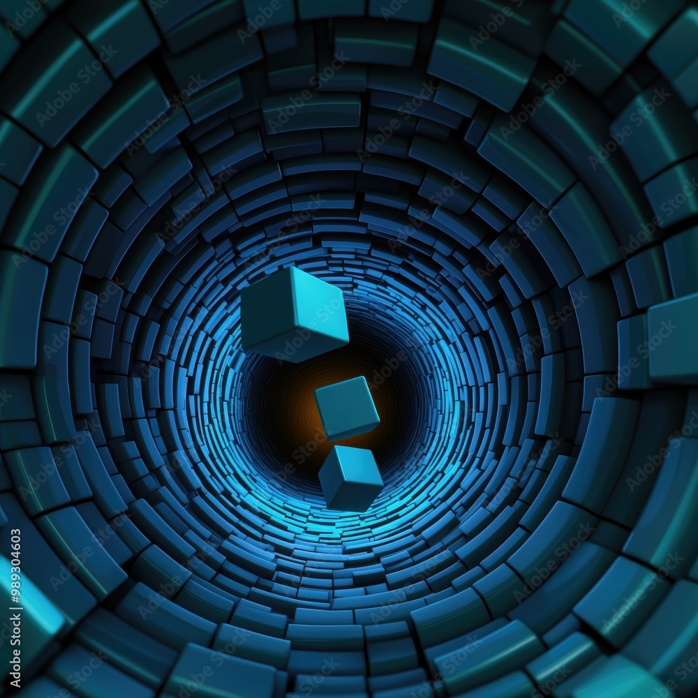 Poster abstract tunnel with blocks in blue light