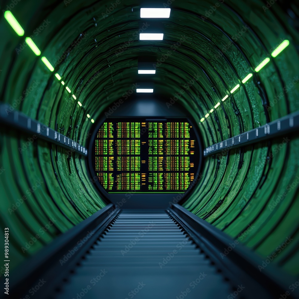 Poster futuristic tunnel with glowing green lights and data display