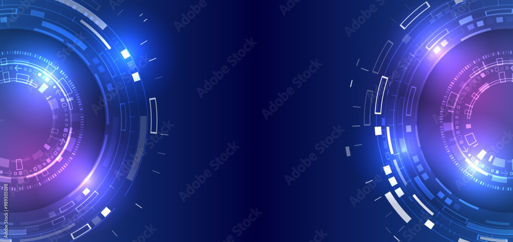 Poster Hi-tech computer digital technology concept. Wide Blue background with various technological elements. Abstract circle technology communication, vector illustration. Futuristic design for presentation