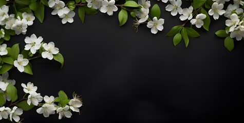 Fototapeta premium Elegant Spring Border with White Blossoms on Black Background