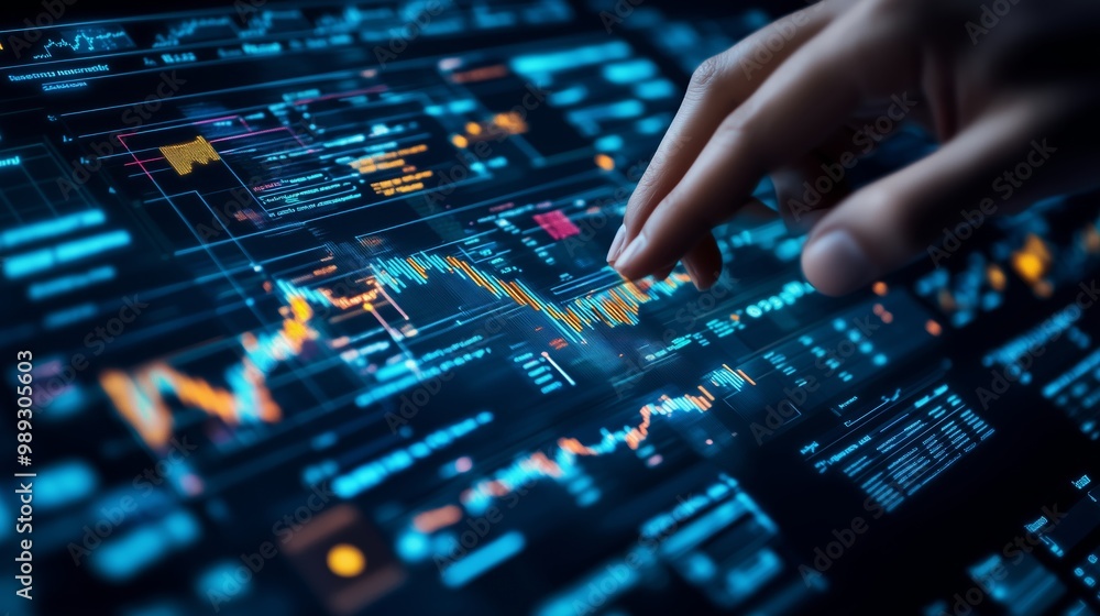 Poster analyzing complex data visualizations on a digital interface with focused attention