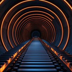 Fototapeta premium Futuristic Tunnel with Neon Lights and Rail Tracks